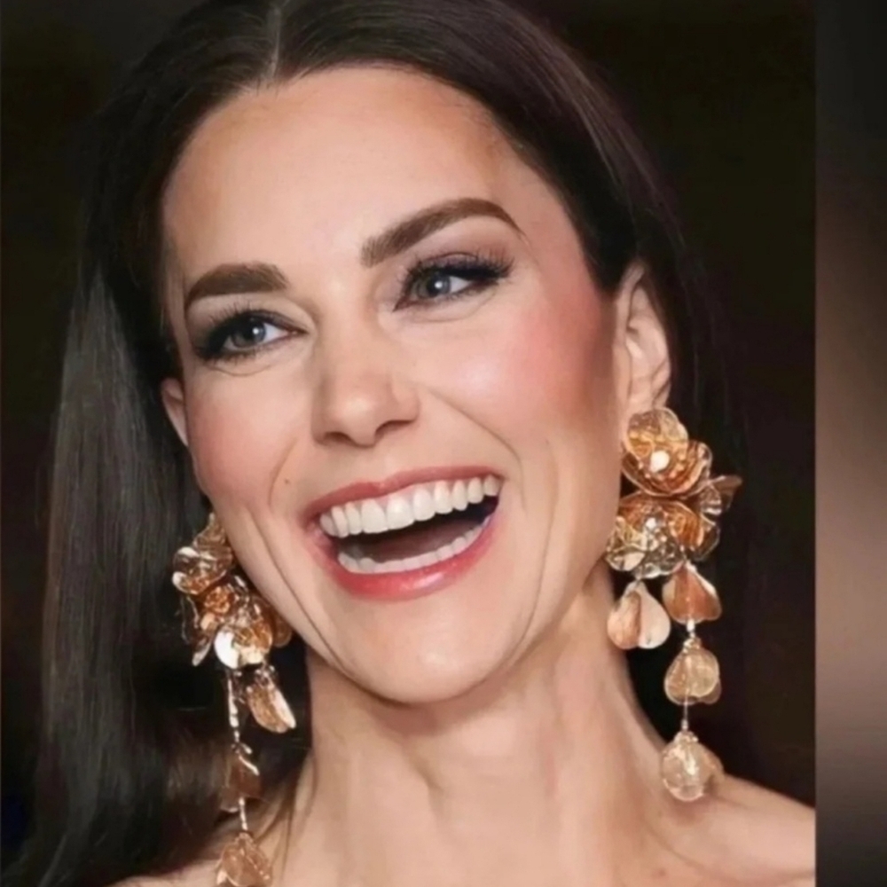 Gold Floral Drop Earrings - Picture 4 of 7